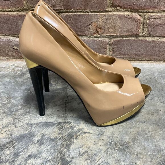 Jessica Simpson Taupe Peep Toe Platform Stiletto Heels Size 8 - Picture 3 of 8